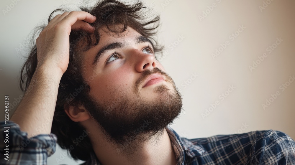 Man with beard and messy hair looking up in thought, pondering ideas or creativity, deep in contemplation, reflecting on life choices or personal goals. Man with beard and messy hair looking up in thought, pondering ideas or creativity, deep in contemplation, reflecting on life choices or personal goals.