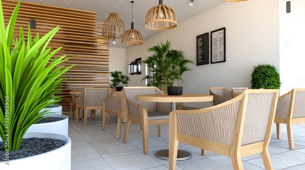 Fototapeta premium Modern Cafe Interior Design Featuring Wood Furnishings and Plants