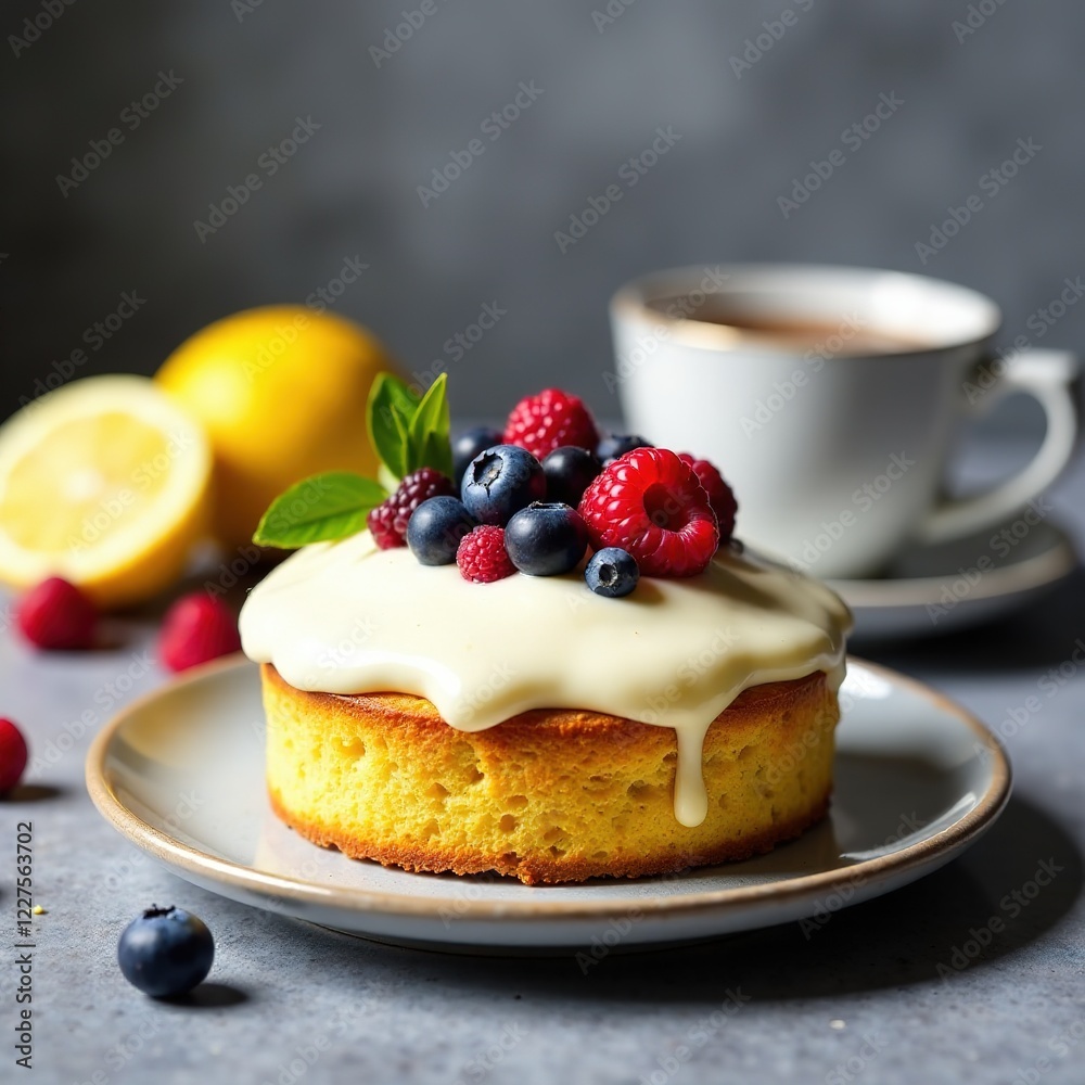Lemon Blueberry Cake with Berries and Tea - Delicious Dessert Lemon Blueberry Cake with Berries and Tea - Delicious Dessert