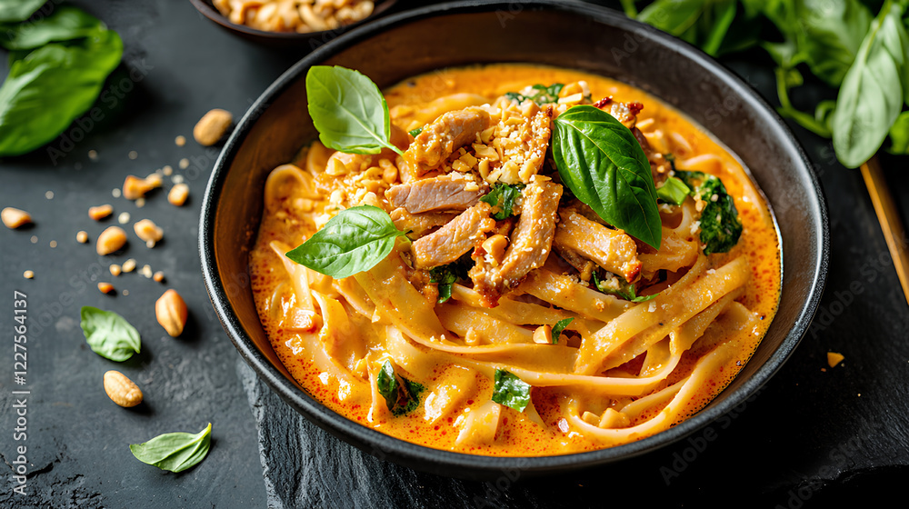 Eliche Pasta in Panang Curry Sauce with Crispy Pork, Basil, and Crushed Peanuts Eliche Pasta in Panang Curry Sauce with Crispy Pork, Basil, and Crushed Peanuts