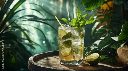 A mojito mocktail with crushed ice, lime wedges, mint leaves, and a straw in a transparent glass, sitting on a rustic wooden tray with a tropical plant in the background. photo