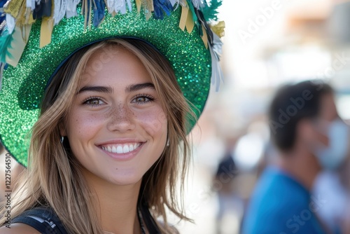 A cheerful young woman with a sparkling green hat showcases her joyful smile in a bustling outdoor setting, embodying the spirit of celebration and happiness. photo