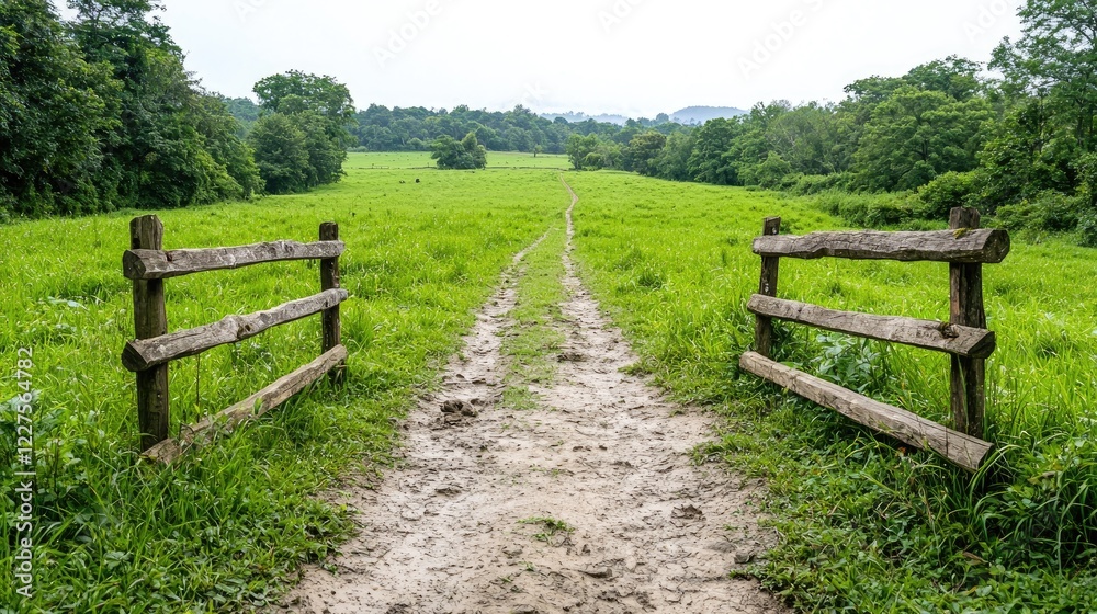 Rural path through green field, leading to trees and hills. Possible use travel brochure Rural path through green field, leading to trees and hills. Possible use travel brochure