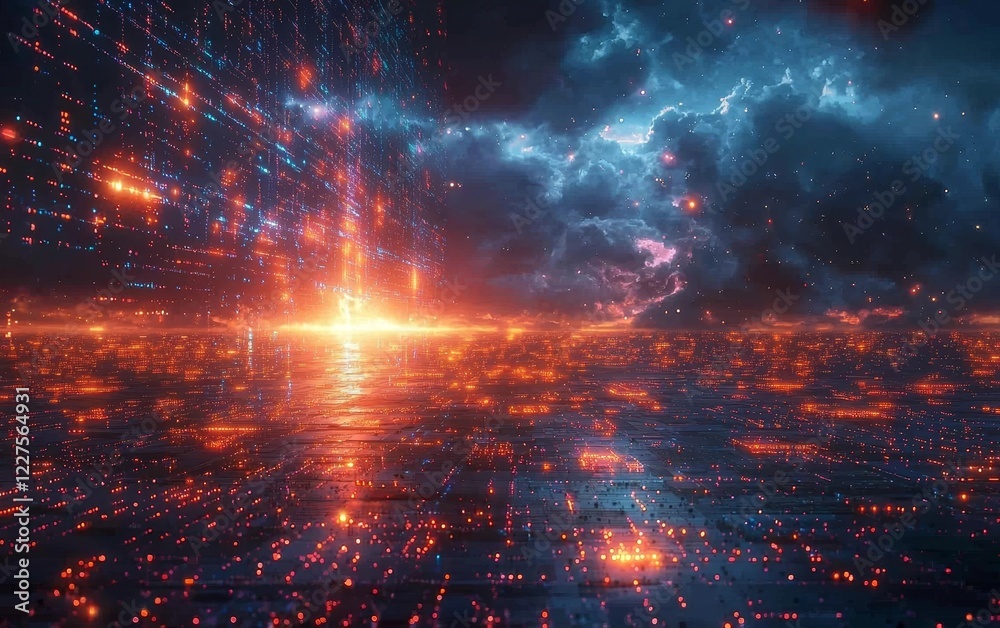 Fototapeta premium Futuristic Cityscape with Glowing Real Time Data Projections Mapping Urban Activity and Commerce