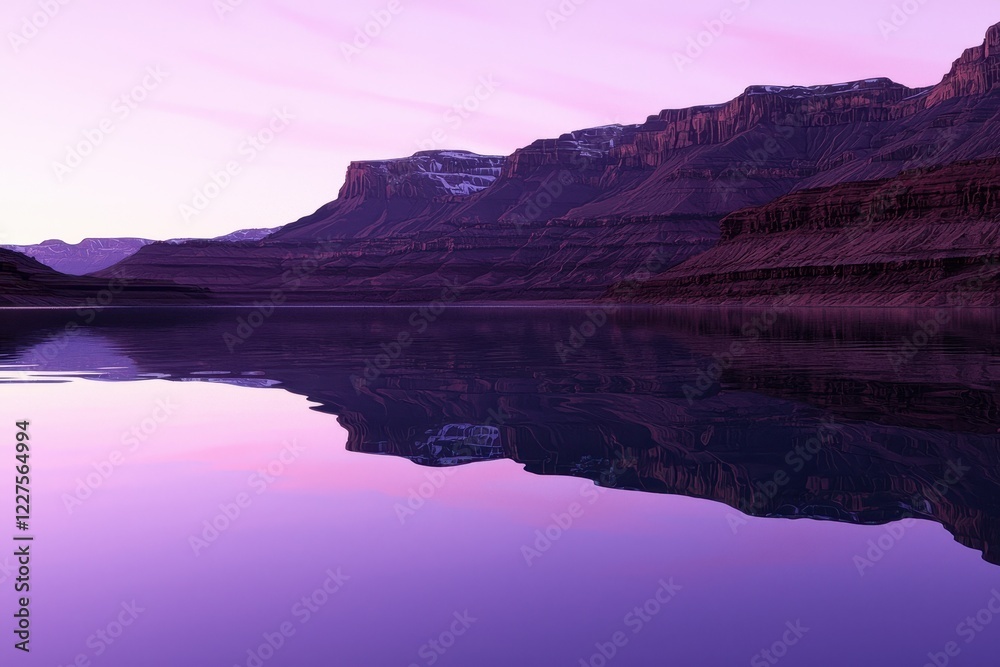 Naklejka premium A serene landscape featuring a calm lake reflecting purple hues and majestic mountains under a soft twilight sky.