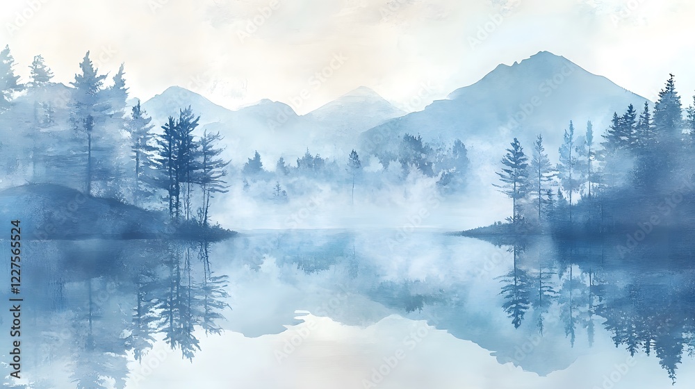 Naklejka premium Landscape of a detailed misty lake with trees and a mountain