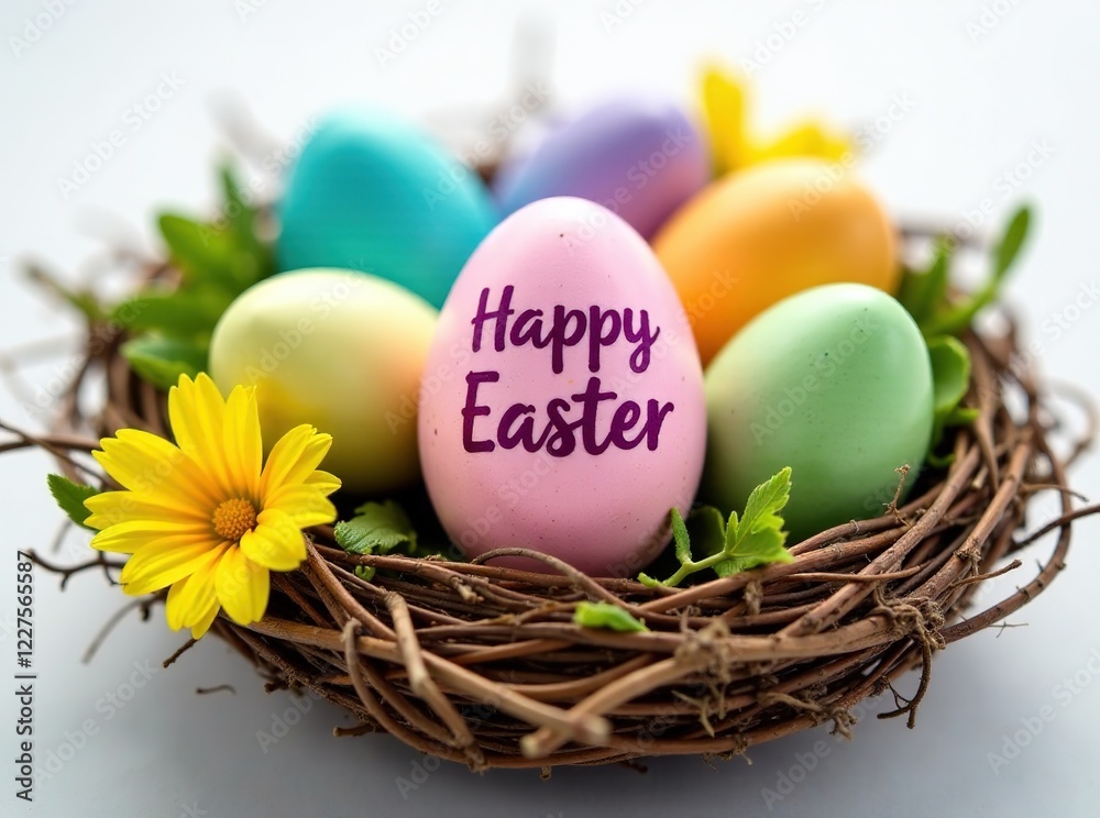 Obraz premium Easter Card Design: Nest with Easter Eggs, Happy Easter Egg