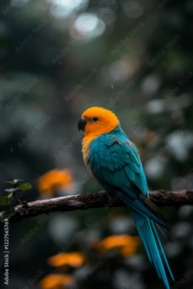 Obraz premium Colorful Parrot: A brightly colored parrot perched on a tree branch in a tropical rainforest.