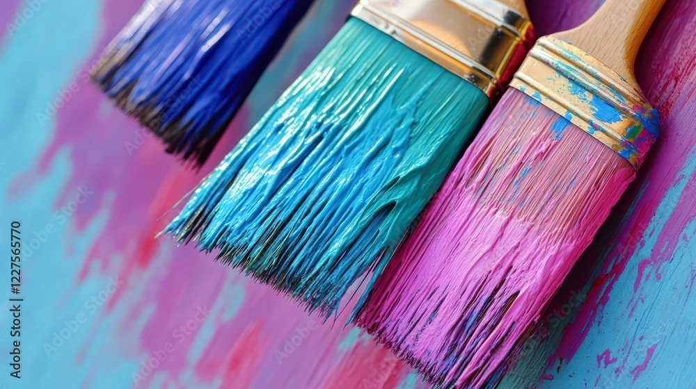 Colorful Paint Brushes with Bright Paint on Wooden Surface Colorful Paint Brushes with Bright Paint on Wooden Surface