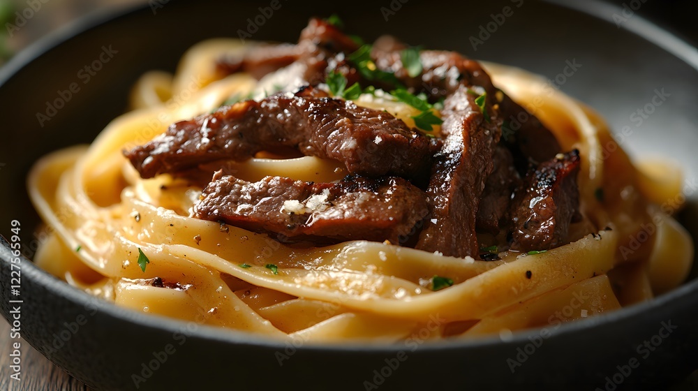 Fototapeta premium pasta linguine with beef strips