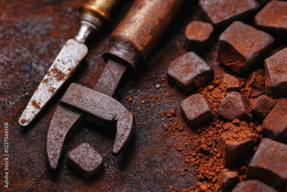 A blacksmith tools rusting in an abandoned forge, symbolizing a trade that was once vibrant but is now obsolete