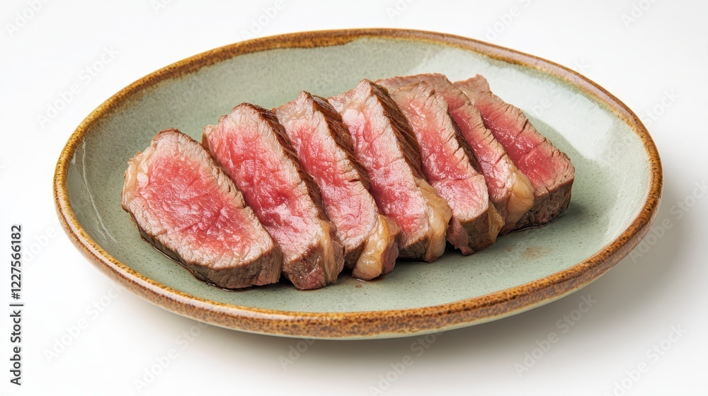 Juicy Slices of Medium Rare Steak on Ceramic Plate with Gray Background Juicy Slices of Medium Rare Steak on Ceramic Plate with Gray Background