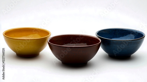 Three bowls of different colors - orange, yellow, and blue - on a white background. photo