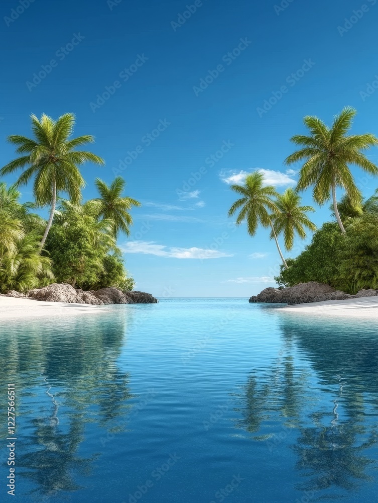 Serene Cove Paradise - Tranquil beach cove, lush palms, crystal water, reflection, tropical escape. Symbolizing peace, serenity, paradise, escape, and tranquility. Serene Cove Paradise - Tranquil beach cove, lush palms, crystal water, reflection, tropical escape. Symbolizing peace, serenity, paradise, escape, and tranquility.