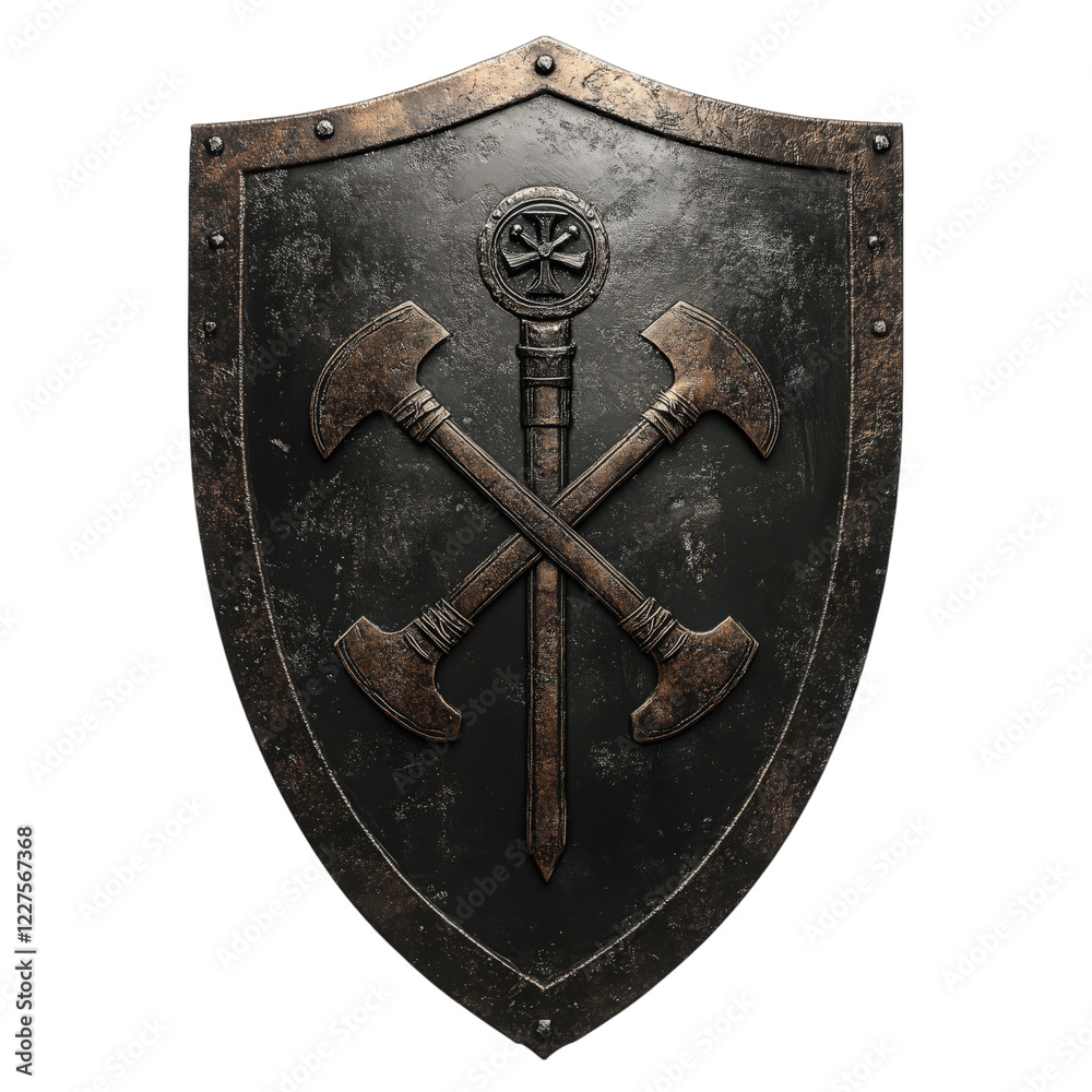 Fototapeta premium Medieval warrior shield with crossed battle axes and a central emblem, featuring a rugged, battle-worn design, isolated on a transparent background. Perfect for fantasy and historical themes.