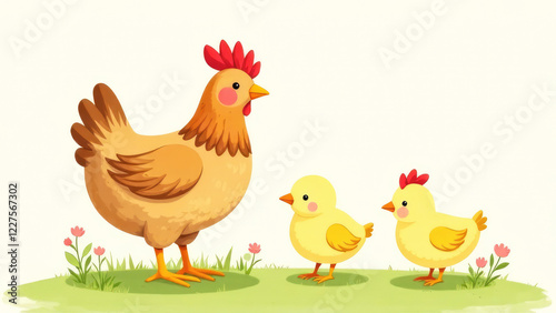 Watercolor illustration of an adorable hen with little chickens on grass on white background. Farm animals. Elements for design, printing, decoration, postcards
