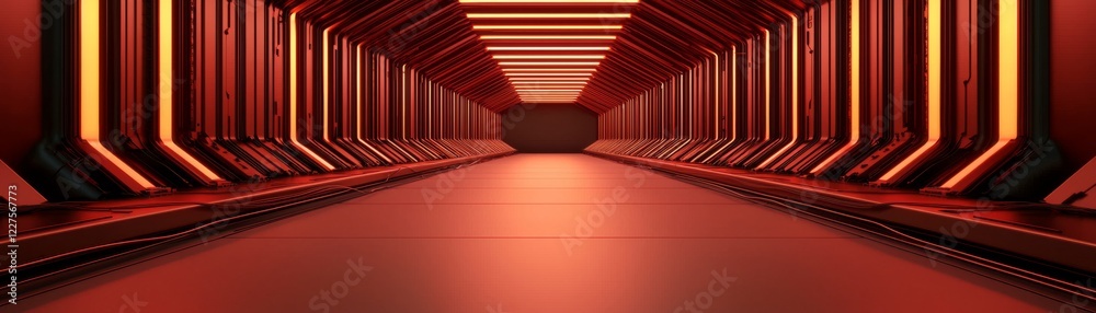 A futuristic corridor illuminated by warm orange lights, creating a sense of depth and mystery. A futuristic corridor illuminated by warm orange lights, creating a sense of depth and mystery.