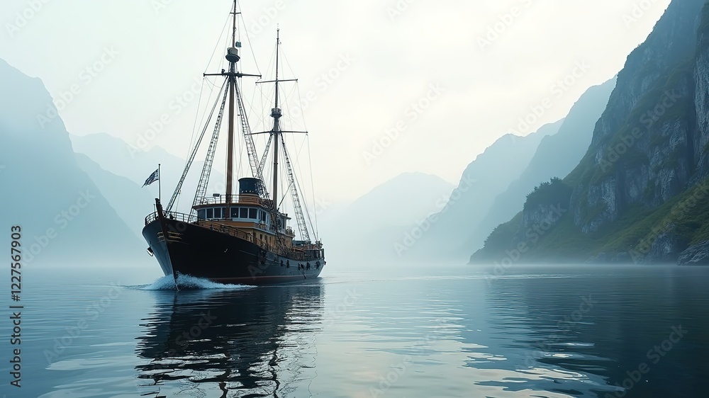 Antique Fishing Trawler on Fjord Waterscape Antique Fishing Trawler on Fjord Waterscape