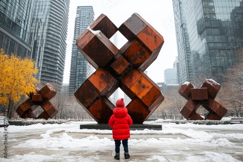 A child playing in a park that was formerly an industrial site, with sculptures made from repurposed factory materials photo