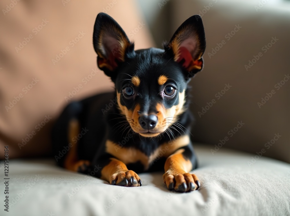 Adorable Black and Brown Crested Dog Relaxing on Sofa - AI Photo Adorable Black and Brown Crested Dog Relaxing on Sofa - AI Photo