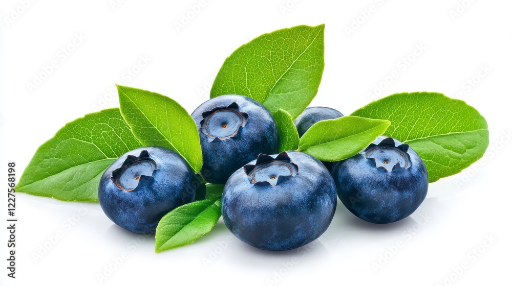Fresh Blueberries with Green Leaves on White Background Fresh Blueberries with Green Leaves on White Background