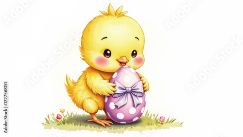 Watercolor illustration of cute little chicken with Easter egg on grass on white background. Elements for design, printing, decoration, cards