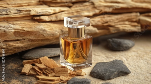 Arabian agarwood perfume with Incense Chips on beige background, arabian out Transparent perfume bottle near the aged weathered wooden snag and stones. Perfume with woody notes concept.