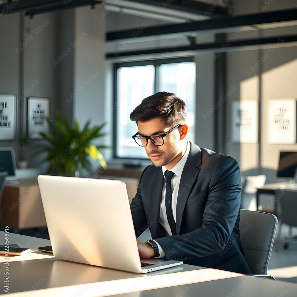 Un empleado hispano está trabajando en una computadora portátil en la empresa. Llevaba traje y gafas. Un empleado hispano está trabajando en una computadora portátil en la empresa. Llevaba traje y gafas.