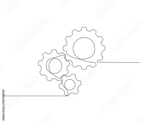 Gears wheel in one continuous line drawing. Symbol of idea for business or technology and start up. Machinery cogwheels in simple linear style. Editable stroke. Doodle line illustration