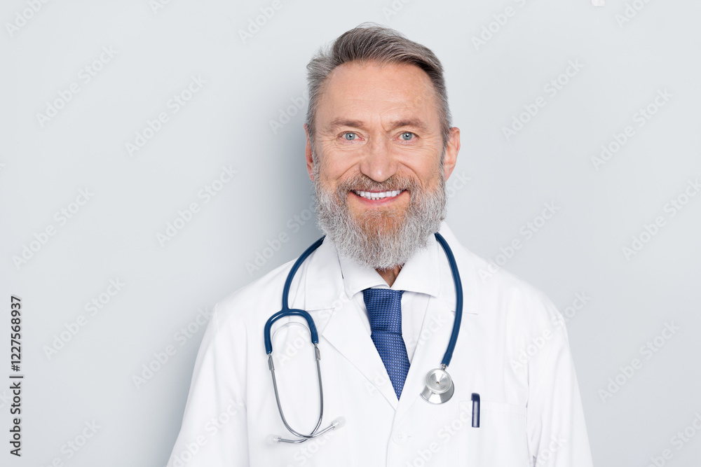 Professional Senior Male Doctor in White Uniform Smiling Confidently Against a Plain Light Grey Background Professional Senior Male Doctor in White Uniform Smiling Confidently Against a Plain Light Grey Background
