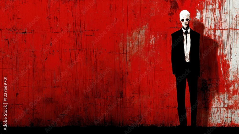 Obraz premium Skeletal figure in suit against red wall; mystery, suspense