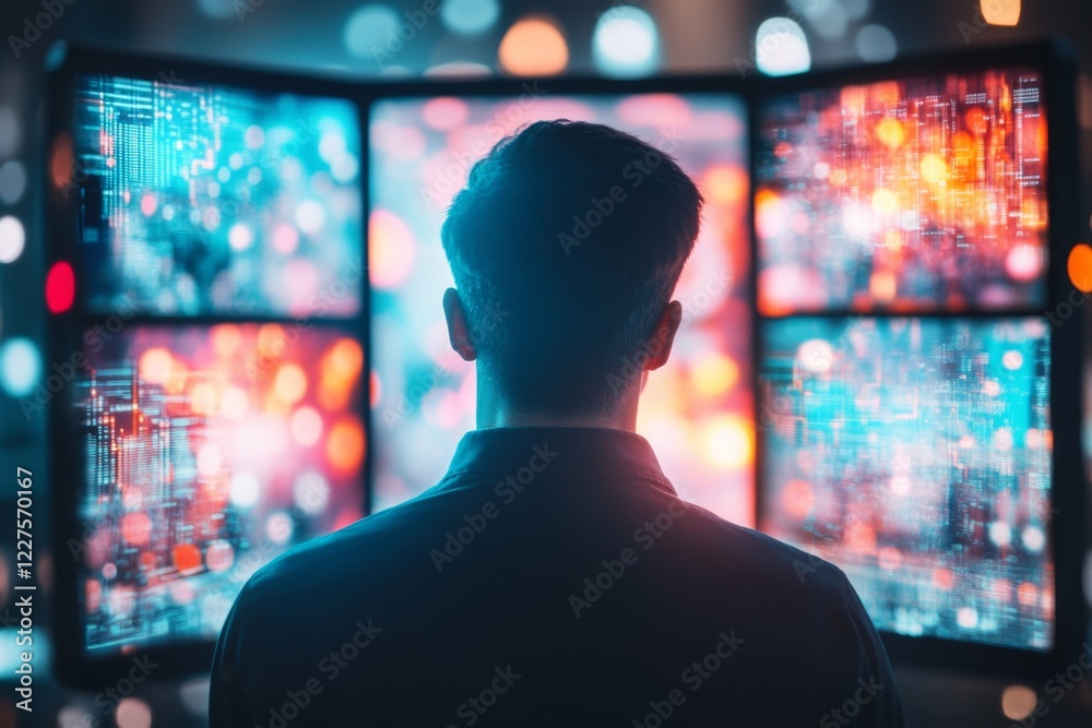A cyberpunk-inspired scene of a shadowy figure standing in a high-tech control room, overseeing a neon-lit cityscape displayed on holographic monitors A cyberpunk-inspired scene of a shadowy figure standing in a high-tech control room, overseeing a neon-lit cityscape displayed on holographic monitors
