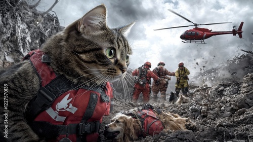 Heroic tabby cat in rescue outfit joins team during emergency response urban rescue scene highly detailed photo photo