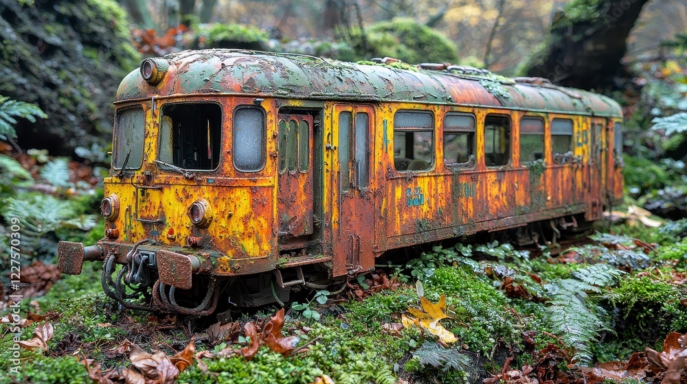 Obraz premium Rusty train wreck in mossy forest
