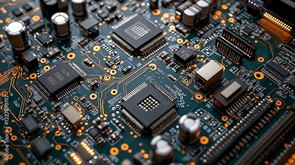 A close-up view of a complex circuit board featuring microchips, capacitors, and intricate connections, showcasing advanced technology. A close-up view of a complex circuit board featuring microchips, capacitors, and intricate connections, showcasing advanced technology.