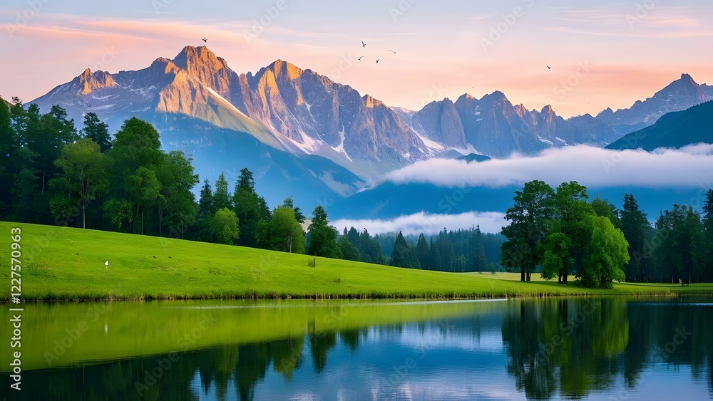 Fototapeta premium The image shows a picturesque landscape of a mountainous area with a tranquil lake in the foreground. The sky is painted in shades of pink, orange, and blue, indicating a sunrise or sunset. Majestic m