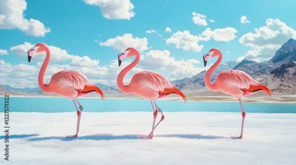 Obraz premium Flamingos walking along a serene lake under a bright blue sky with fluffy clouds, showcasing natures beauty and wildlife in a tranquil environment.