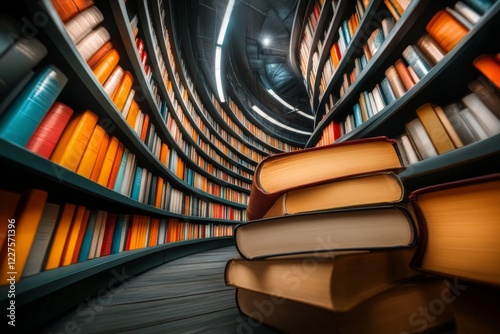A dense library with rows of lengthy bookshelves extending out of view, filled with colorful spines of books