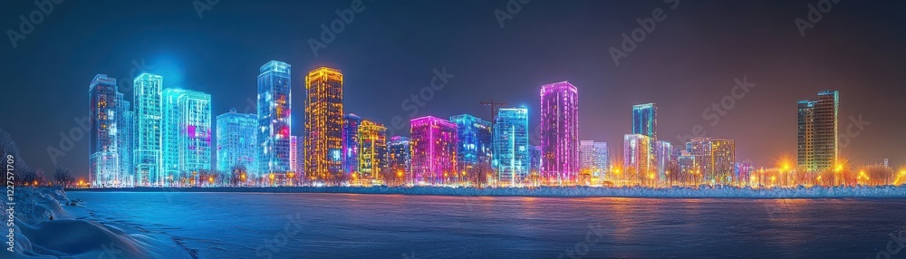 Obraz premium Vibrant city skyline at night with colorful illuminated buildings and reflections.