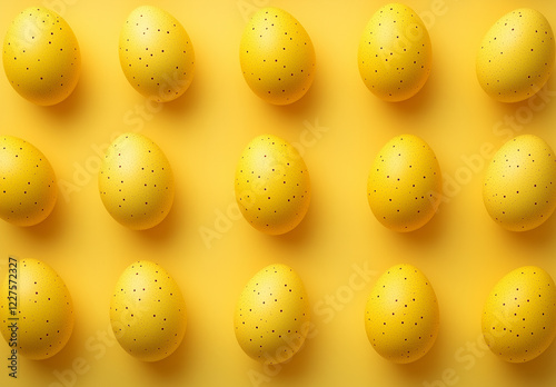 Easter concept: Easter eggs with a pattern of yellow eggs repeated on a yellow background 