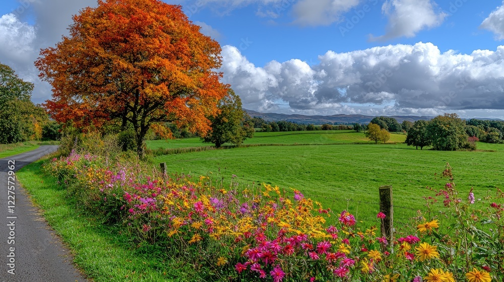 Naklejka premium Autumnal countryside road, vibrant flowers, rolling hills, scenic view, nature photography