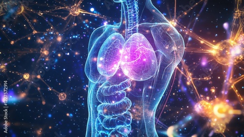 An abstract illustration of the human endocrine system with luminous glands and hormones set against a cosmic-themed background, Neon style, photo of
