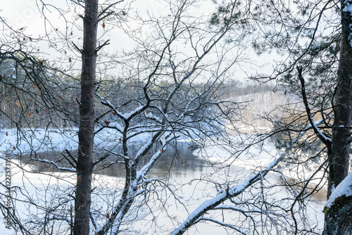 Winter landscape, unfrozen river with snow-covered banks