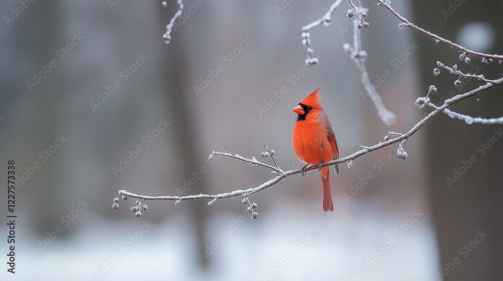 Vibrant Red Cardinal Perched on Frosty Branch in Serene Winter Forest Setting Vibrant Red Cardinal Perched on Frosty Branch in Serene Winter Forest Setting