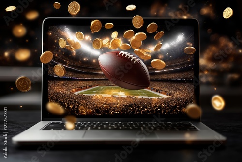 a football and golden coins flying out from a laptop monitor on a dark background, sports bet concept photo
