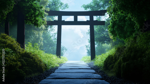 Tranquil Tori Path A Digital Painting - Serene path, ancient gate, misty forest, spiritual journey, peaceful nature.