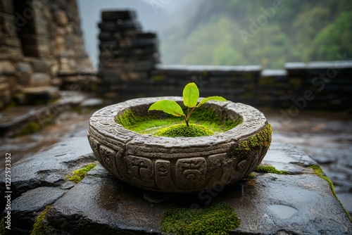 A dried-out fountain in a grand plaza, with moss growing over its stone carvings, evoking a time when it was a centerpiece of celebration