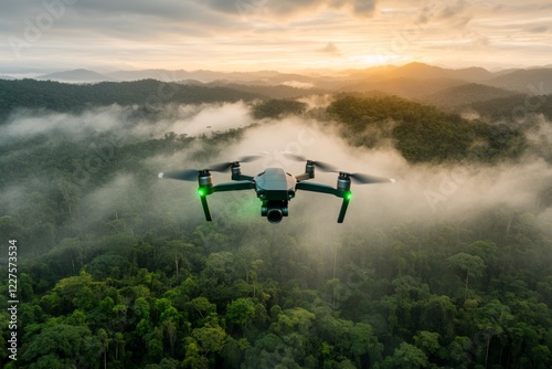 A drone operator overseeing footage on a monitor, capturing aerial views of a dense forest