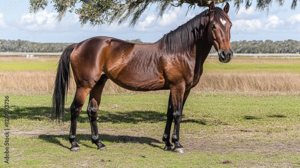 Obraz premium Majestic Brown Horse Standing Gracefully Under Tree Beside Field