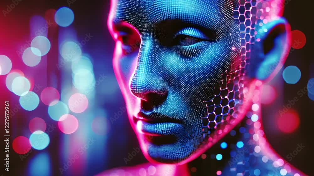 Human face with a futuristic, high-tech feel, glowing digital elements, and a cybernetic design.
Human face with a futuristic, high-tech feel, glowing digital elements, and a cybernetic design.